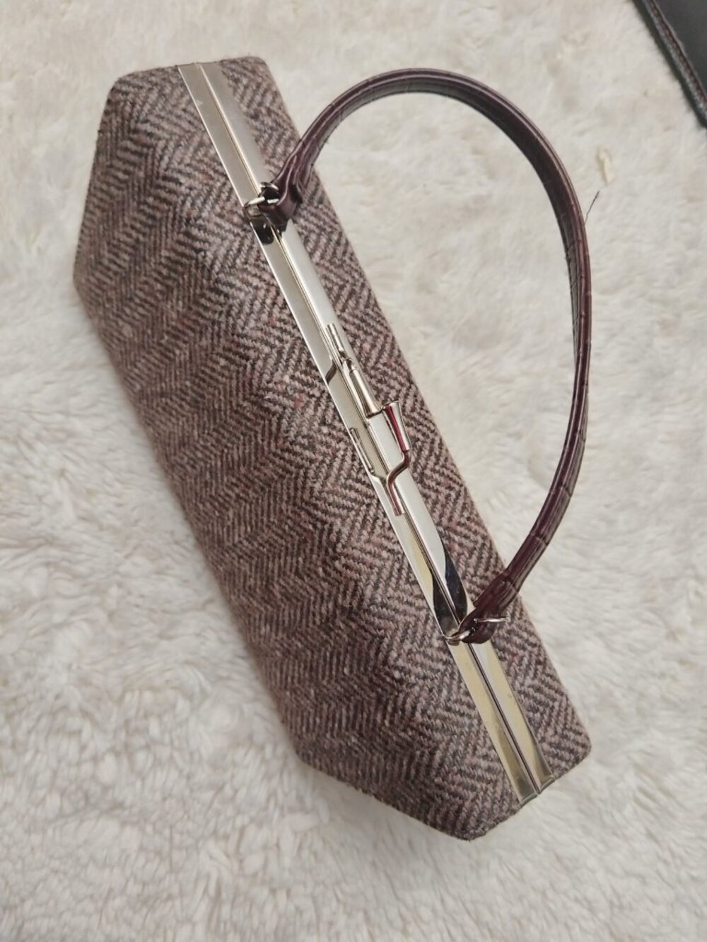 ALDO Brown Herringbone Tweed Frame Clutch Bag with Croc Strap